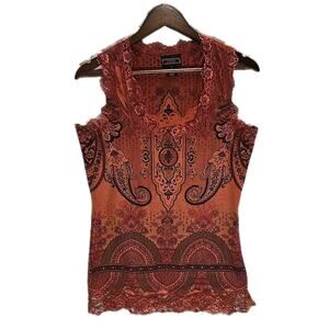 Vintage Licorice Y2K Fairy Grunge Paisley Lace Trim Tank Top Burnt Orange L